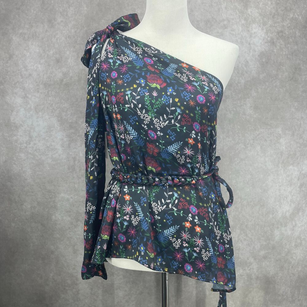 Kleid for Her Salwa Blouse Womens XS One-Shoulder Blk Floral Top w/Braided Belt